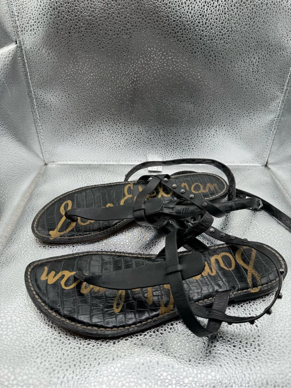 Sam Edelman Black Studded T-Strap Ankle Wrap Sandals